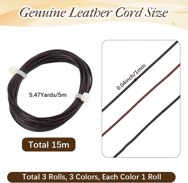 CALFOVERA 16.4 Yards Cowhide Round Leather Cord for Crafts 3 Colors Thin Genuine Leather String 1MM Lace Cording Rope Braiding Strip Thread for Jewelry Making Necklace Bracelets Wraps Beading - Image 2